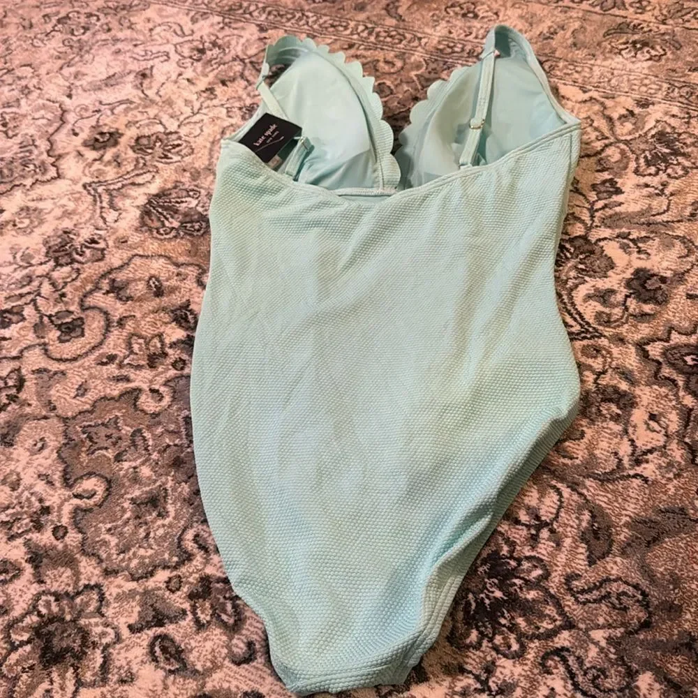 NWT Kate Spade Plunge One Piece Swimsuit Pique Scallops in Low Tide Aqua Size XL